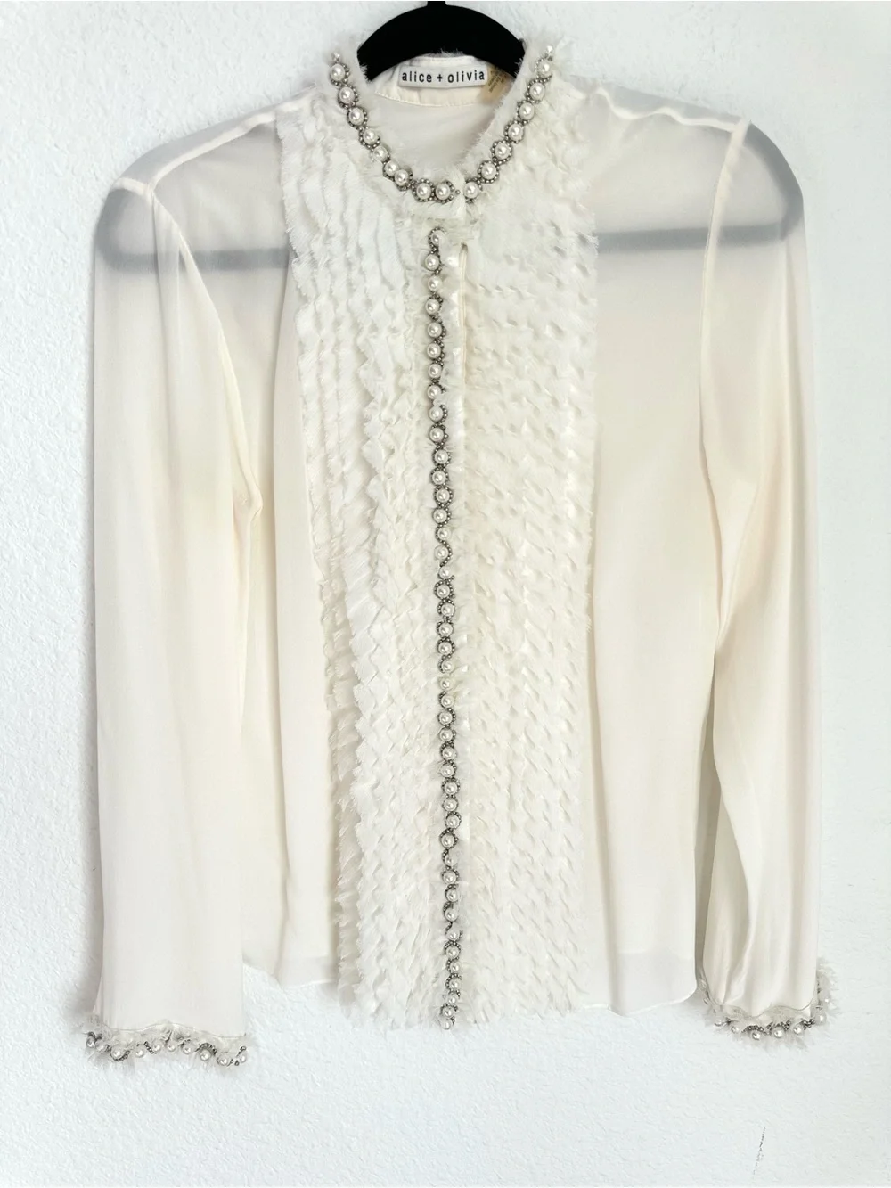 Alice and Olivia Arminda Ruffled Pearl Blouse pearl embellishments Medium Silk - Picture 5 of 17